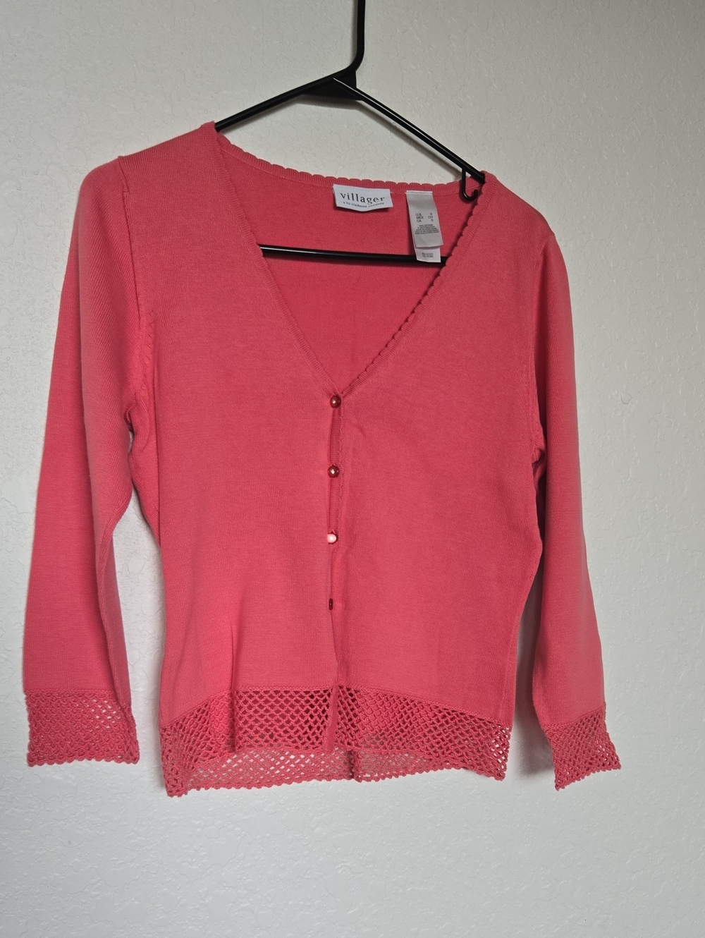 Villager By Liz Clairborne Coral Pink V-Neck Button Crochet-Hem Cardigan